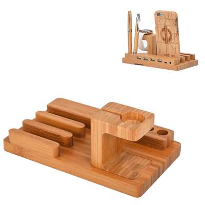 Wholesale Bamboo Wood 4 in 1 Watch USB 4 Port Micro HUB Charging Stand Station